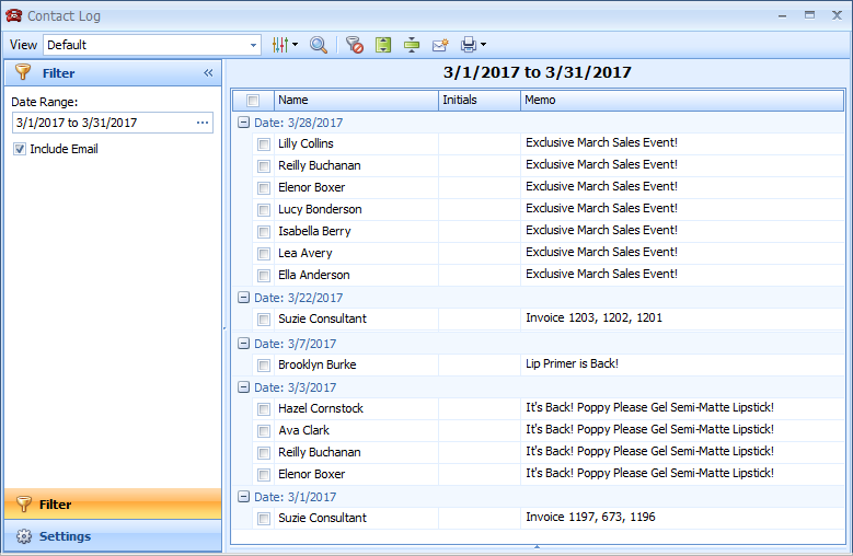 view calls email entries from the contact log boulevard desktop