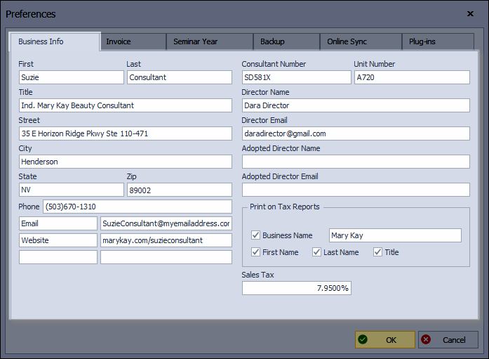Business Info Tab