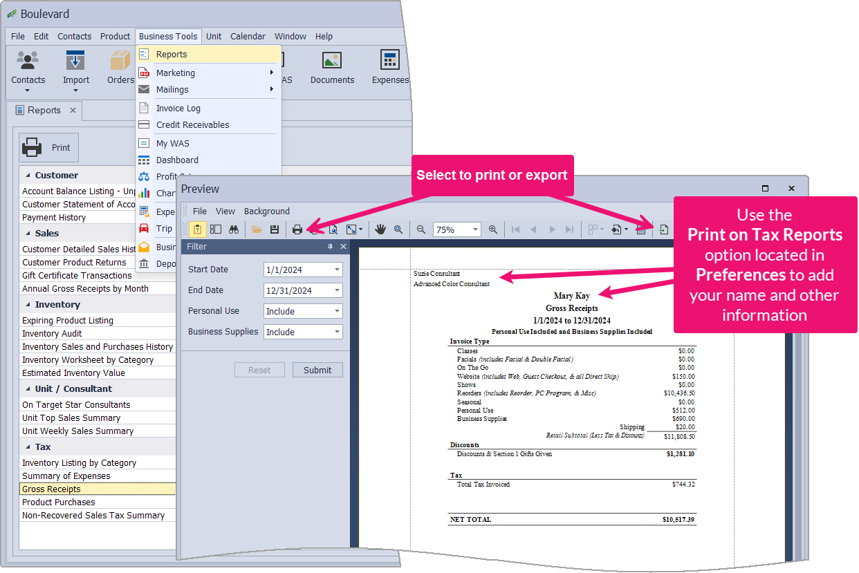 gross receipts report boulevard desktop software support center